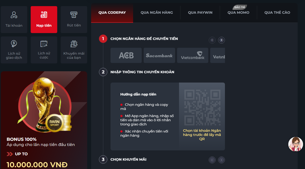 Nạp tiền qua ngân hàng tại IWIN88